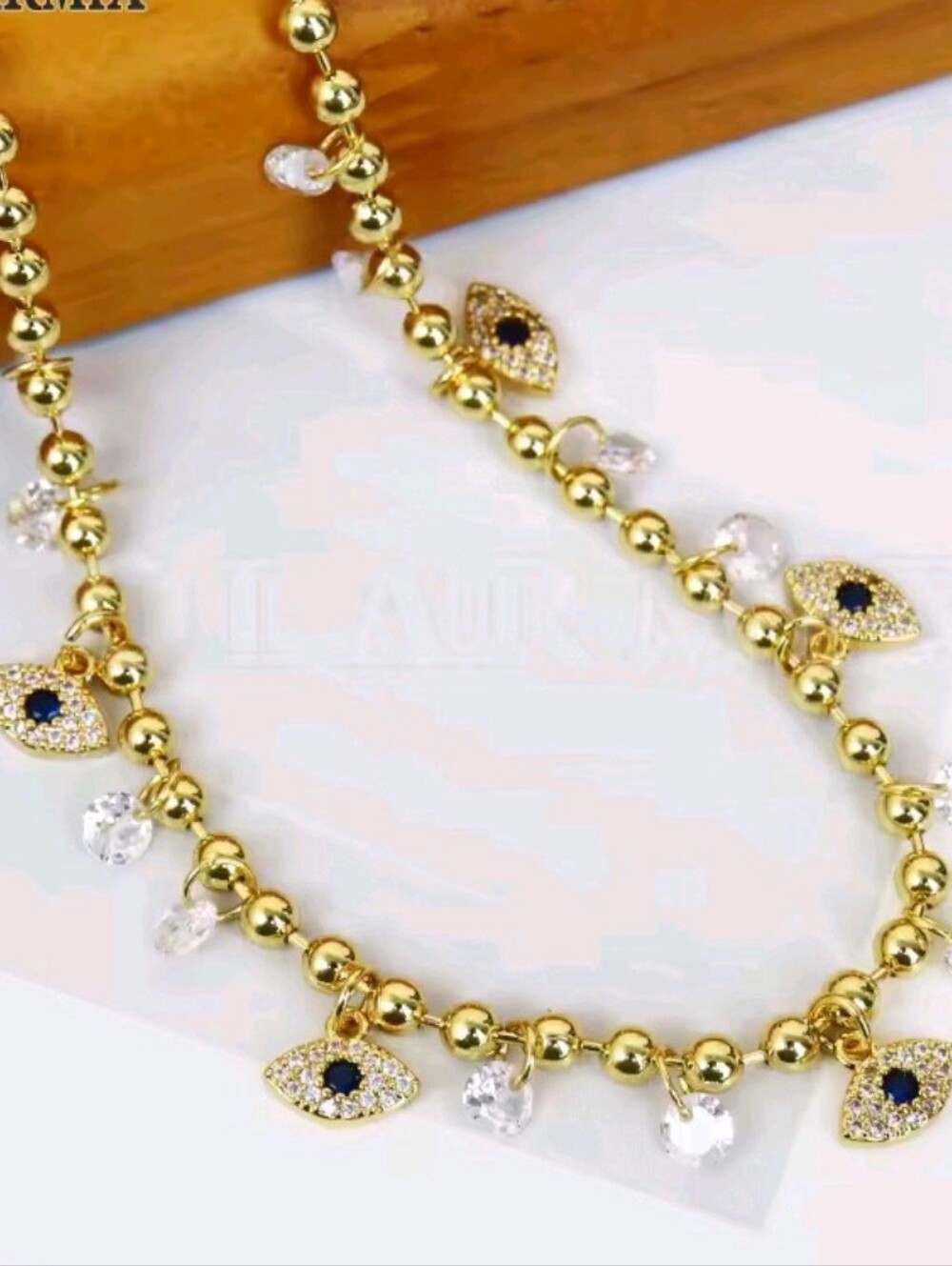 Gold Evil Eye Bead Necklace with Crystal Drops🙌🙏🩷🌟